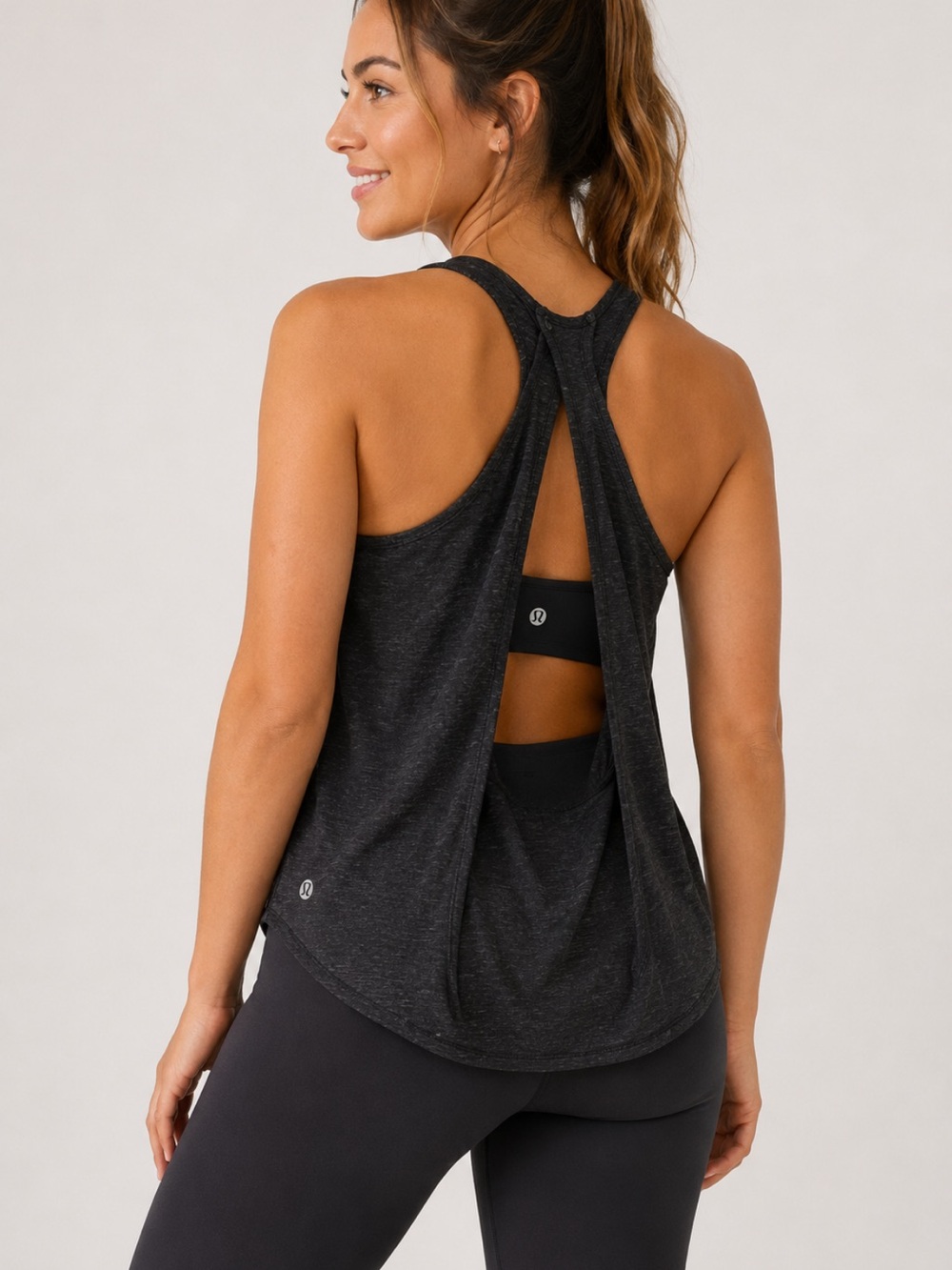 #250 Lululemon Wild Tank Heathered Black Open Back Yoga Tank 10/12